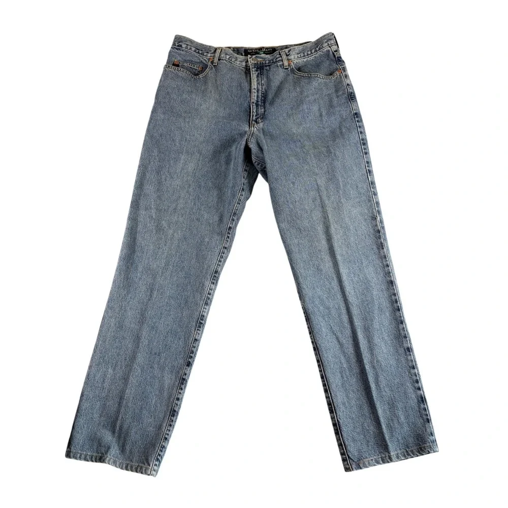 Vintage Guess Jeans Mens 40x34 Blue Denim Light Wash Casual Relaxed Leg Zip Fly